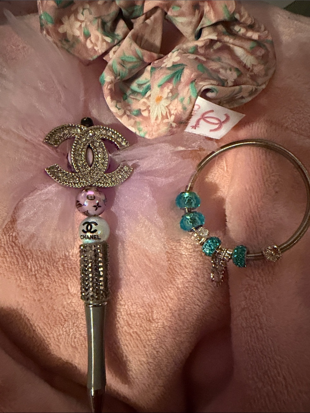 Designer scrunchie, bracelet, and homemade pen